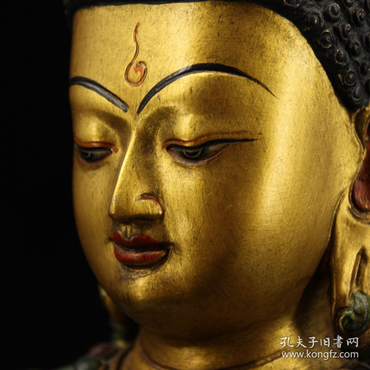 西藏寺院收老纯铜纯手工打造镶嵌宝石彩绘描金释迦摩尼佛头像