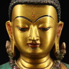 西藏寺院收老纯铜纯手工打造镶嵌宝石彩绘描金释迦摩尼佛头像