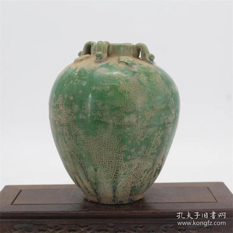 唐三彩绿釉四系罐子
