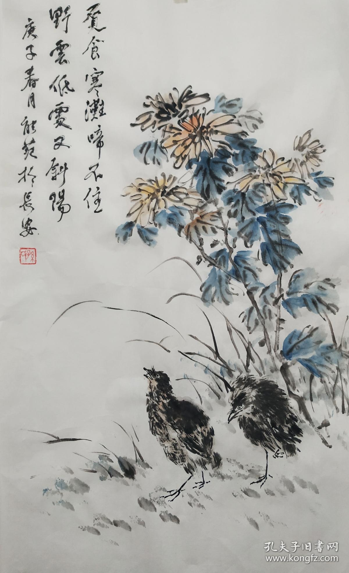 专业画家手绘国画作品《菊花鹌鹑图》