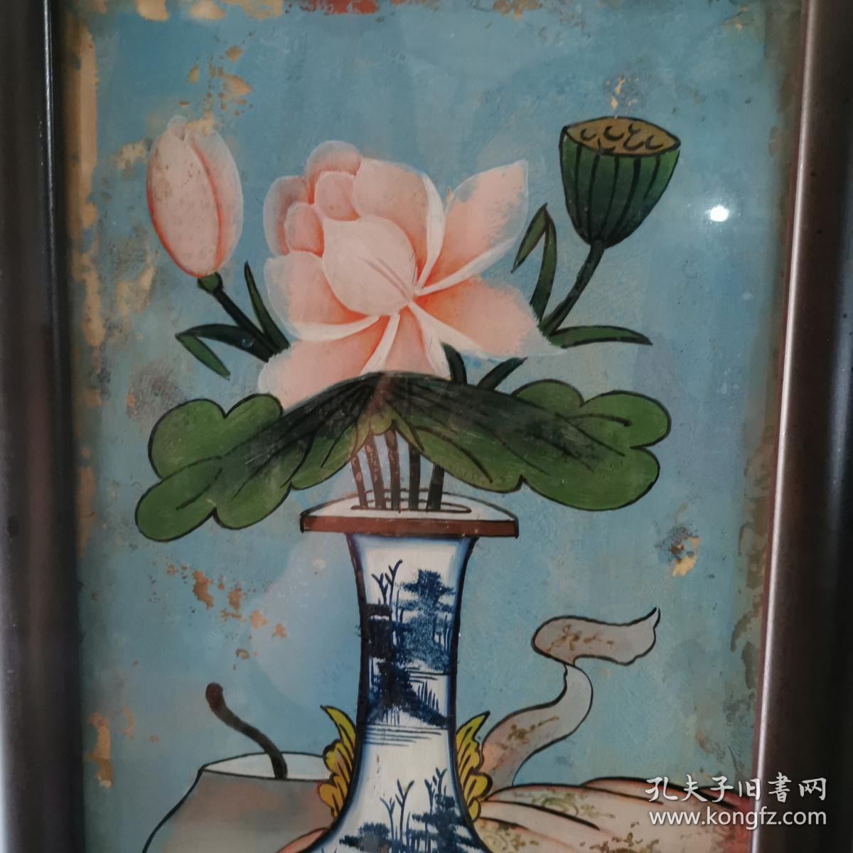 清代玻璃画一对反手画花卉图古玩古董民俗杂项收藏老物件精美全品