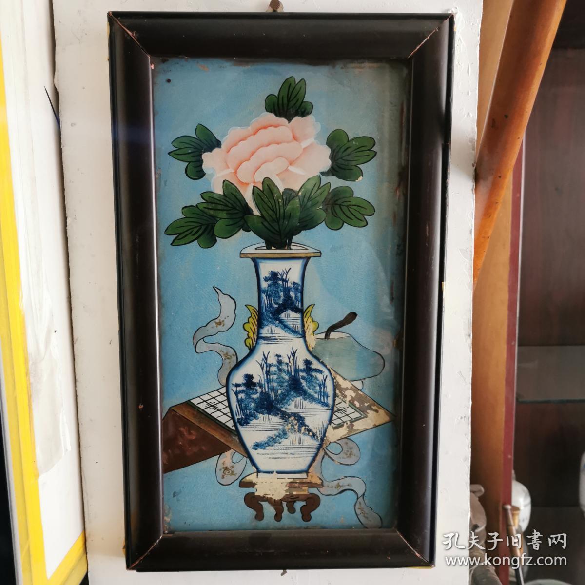 清代玻璃画一对反手画花卉图古玩古董民俗杂项收藏老物件精美全品