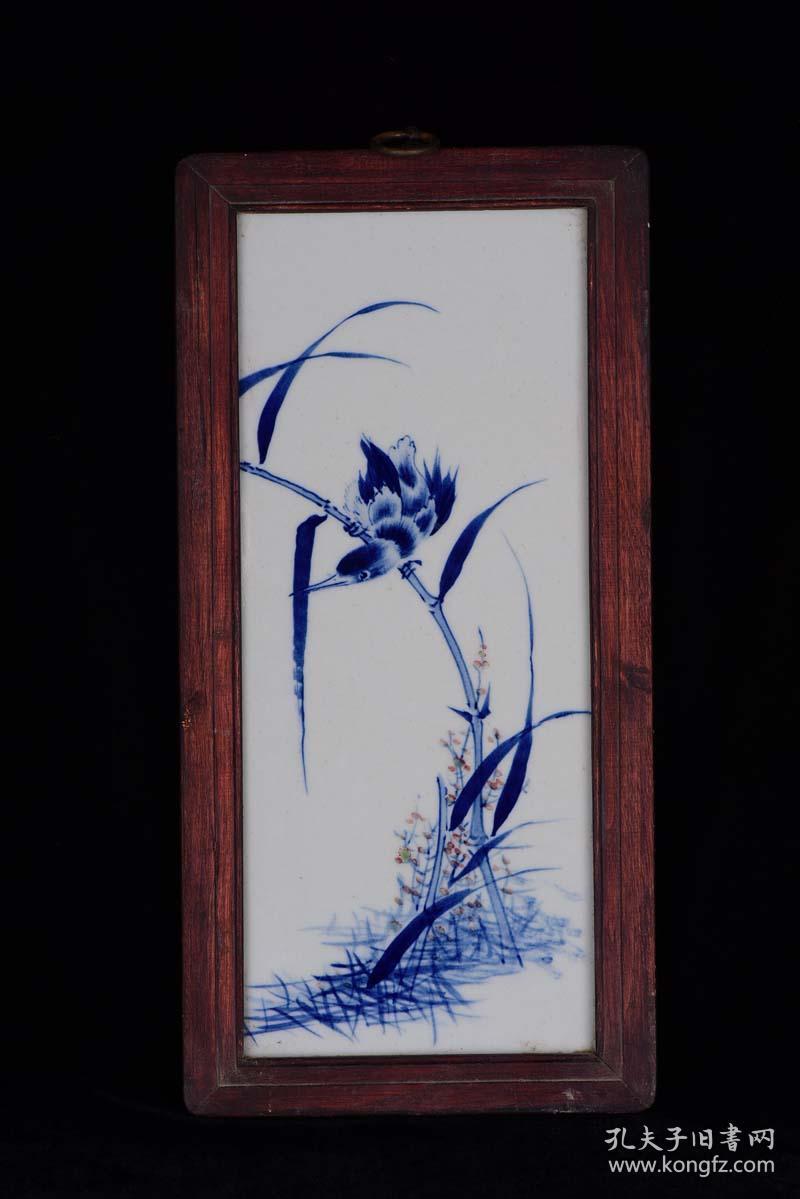 王步青花釉里红翠鸟纹瓷板画
