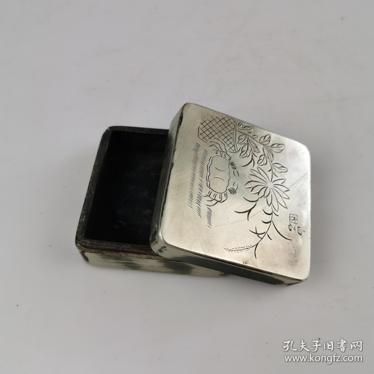 精美刻铜墨盒方形白石刻小墨盒盛铭款文房墨盒收藏古玩铜器老白铜