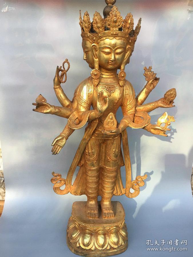 特价秒杀3860明代回流紫铜鎏真金八臂度母佛像