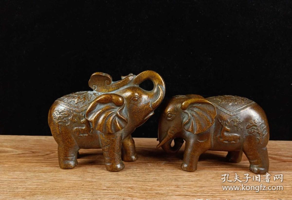 海外回流藏品,纯铜摆件大象一对,家居办公室摆件,招财进宝公母象一对