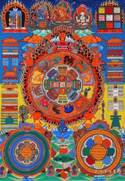 【尼泊尔精品唐卡】文殊菩萨九宫八卦图， 画面尺寸约:60x42cm。作者：不详