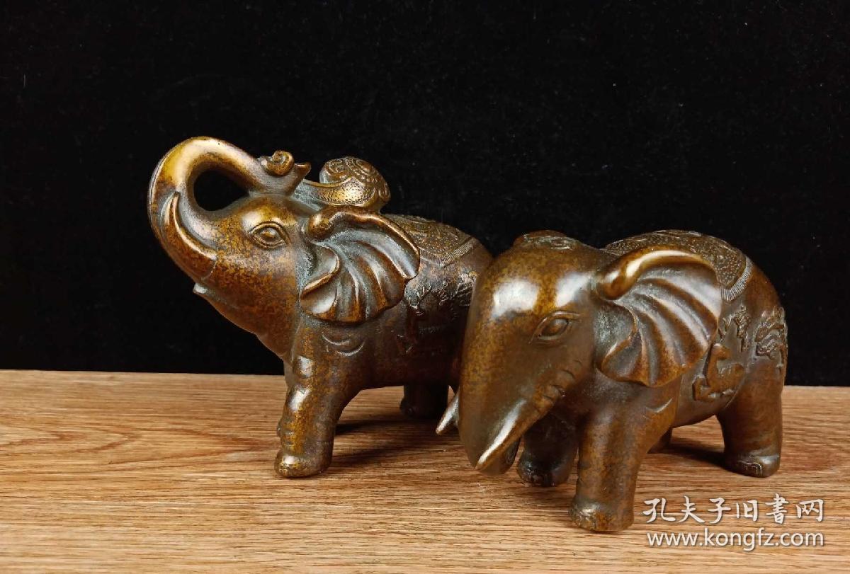 海外回流藏品,纯铜摆件大象一对,家居办公室摆件,招财进宝公母象一对