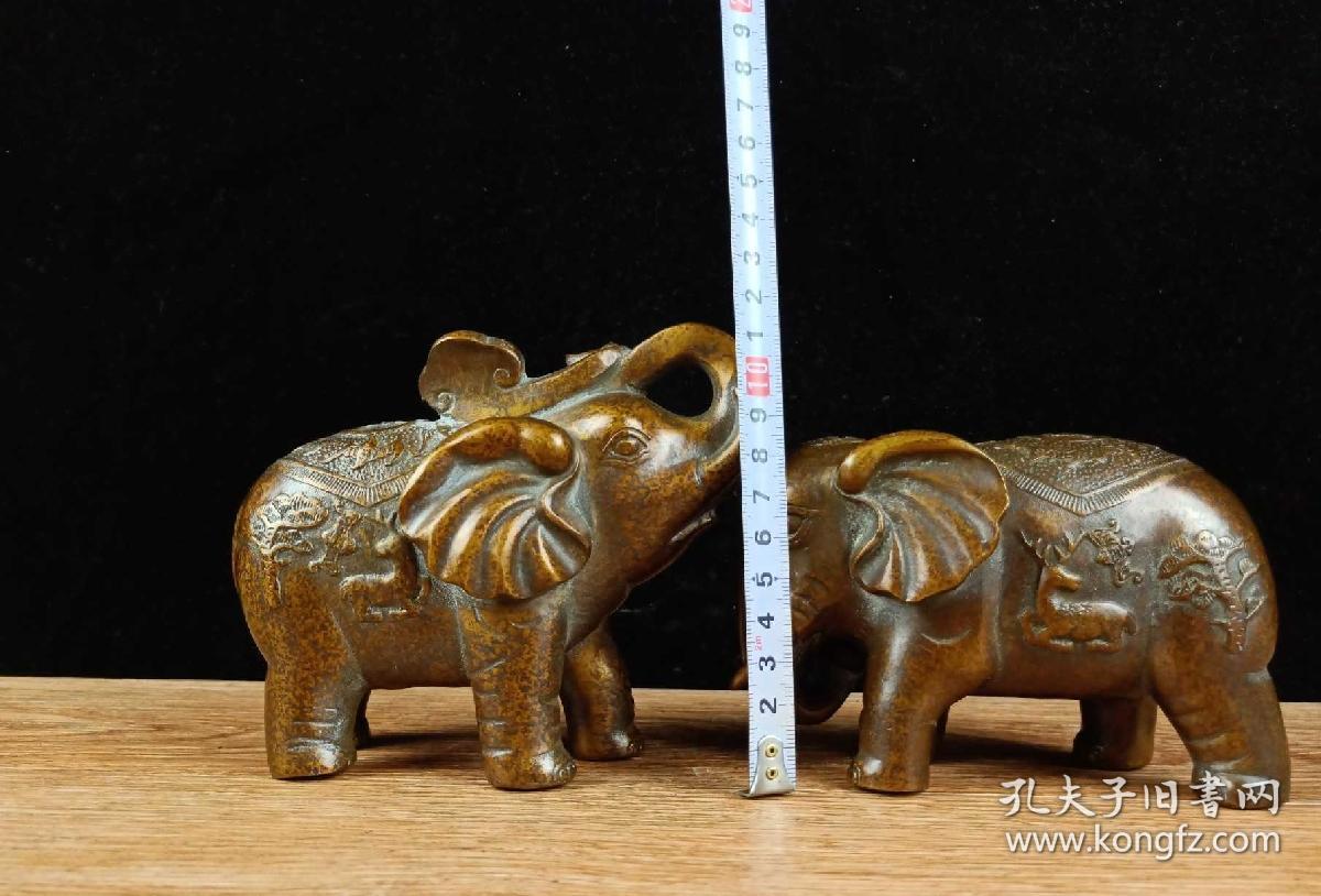 海外回流藏品,纯铜摆件大象一对,家居办公室摆件,招财进宝公母象一对