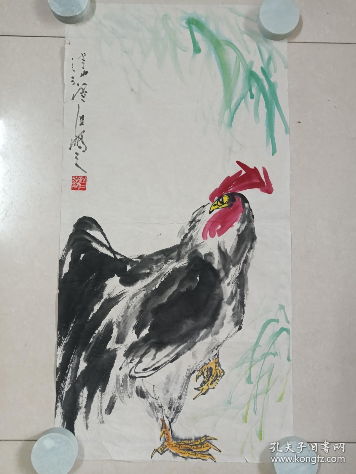 耕夫:刘一鸣水墨国画《雄鸡图》立轴软片八九十年代(泮池寒石鸣之,纸