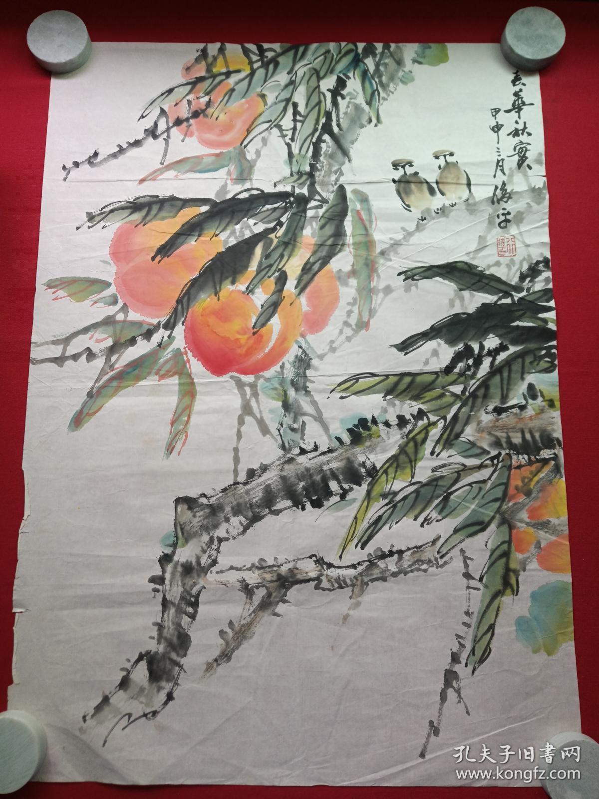 希胜:俊平水墨国画《春华秋实:柿鸟图》立轴软片2004年三月(甲申三月