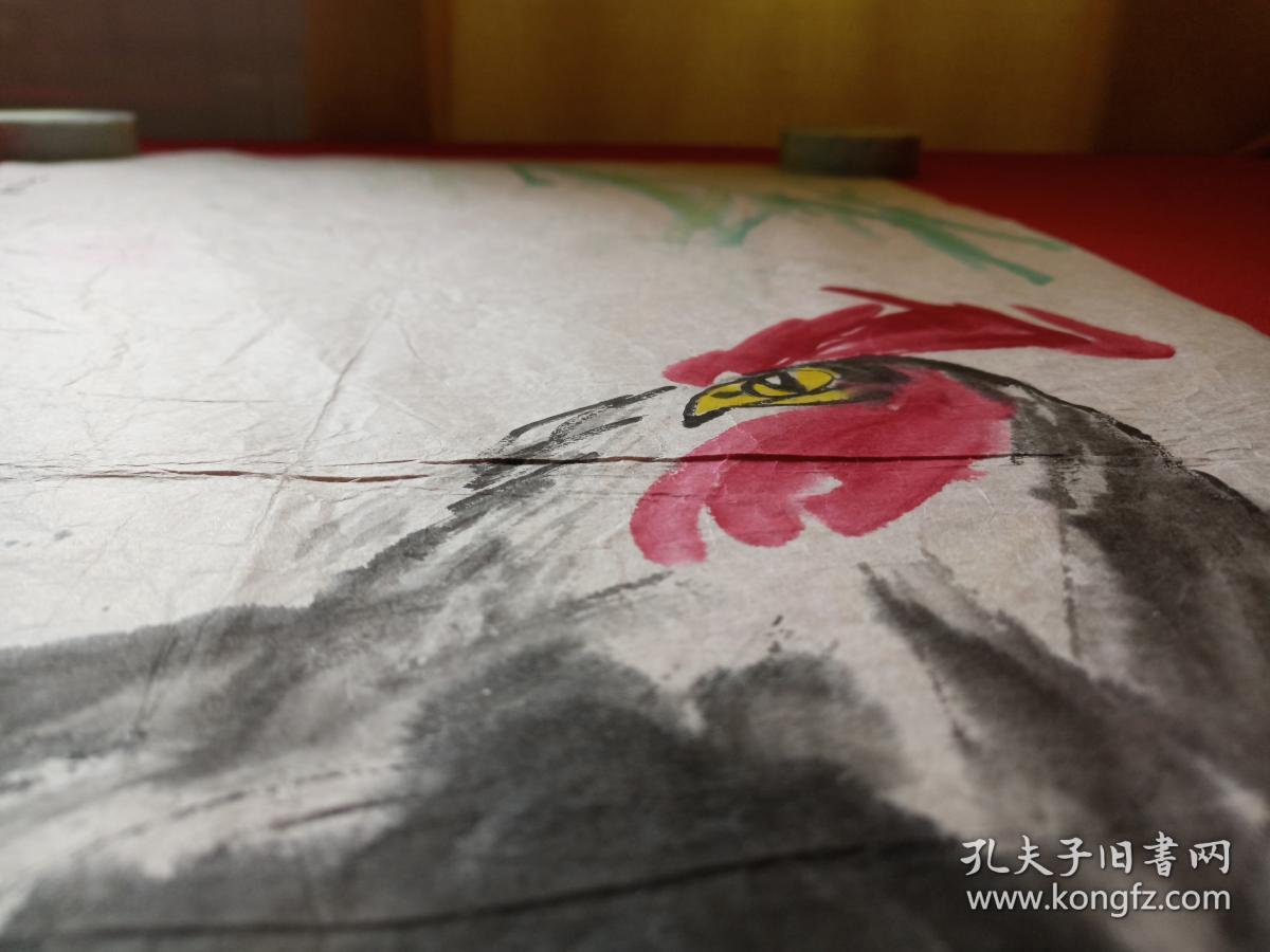 耕夫:刘一鸣水墨国画《雄鸡图》立轴软片八九十年代(泮池寒石鸣之,纸