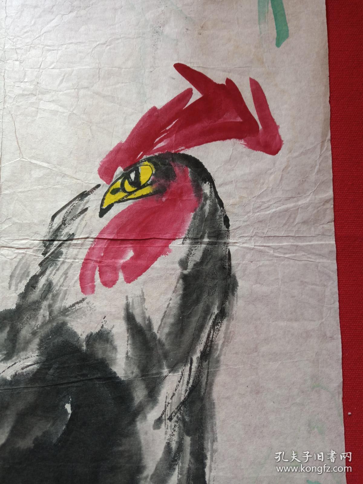 耕夫:刘一鸣水墨国画《雄鸡图》立轴软片八九十年代(泮池寒石鸣之,纸