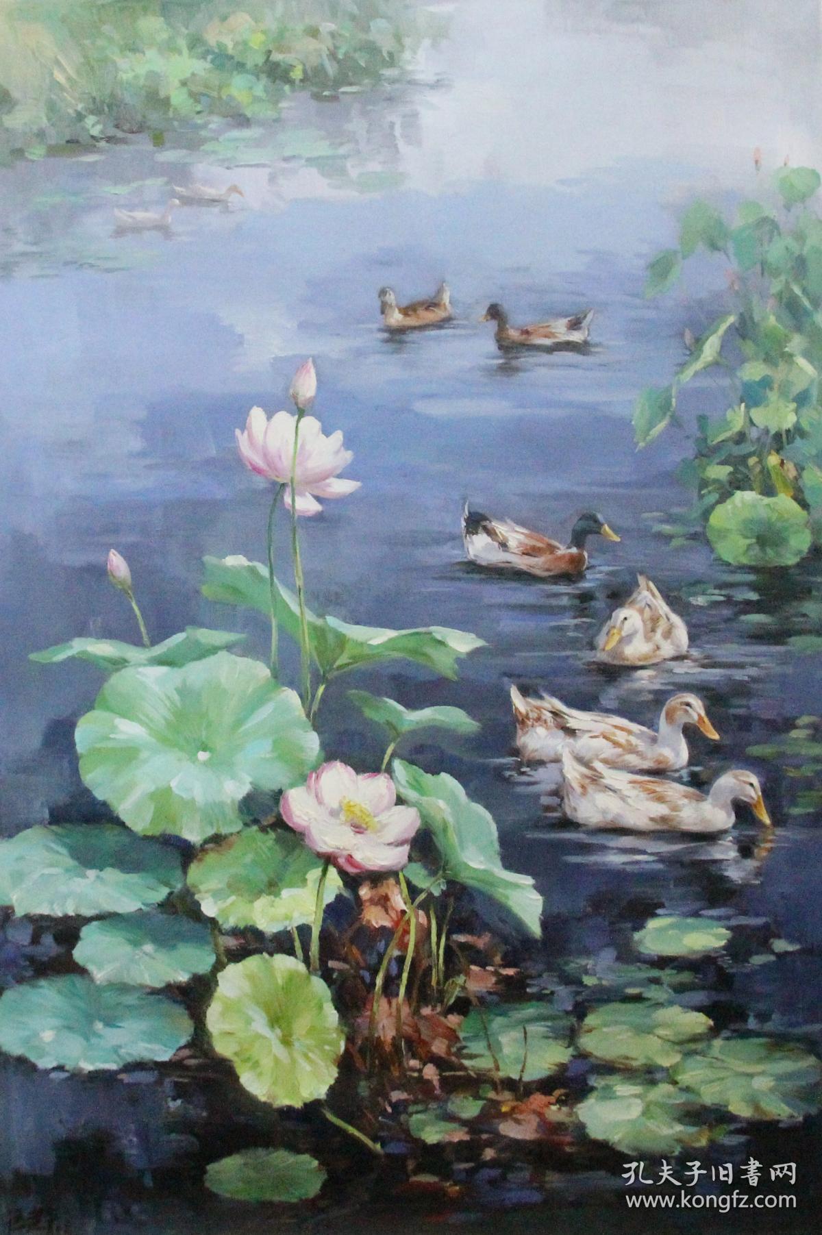 著名画家冯建华油画作品荷塘鸭趣之一