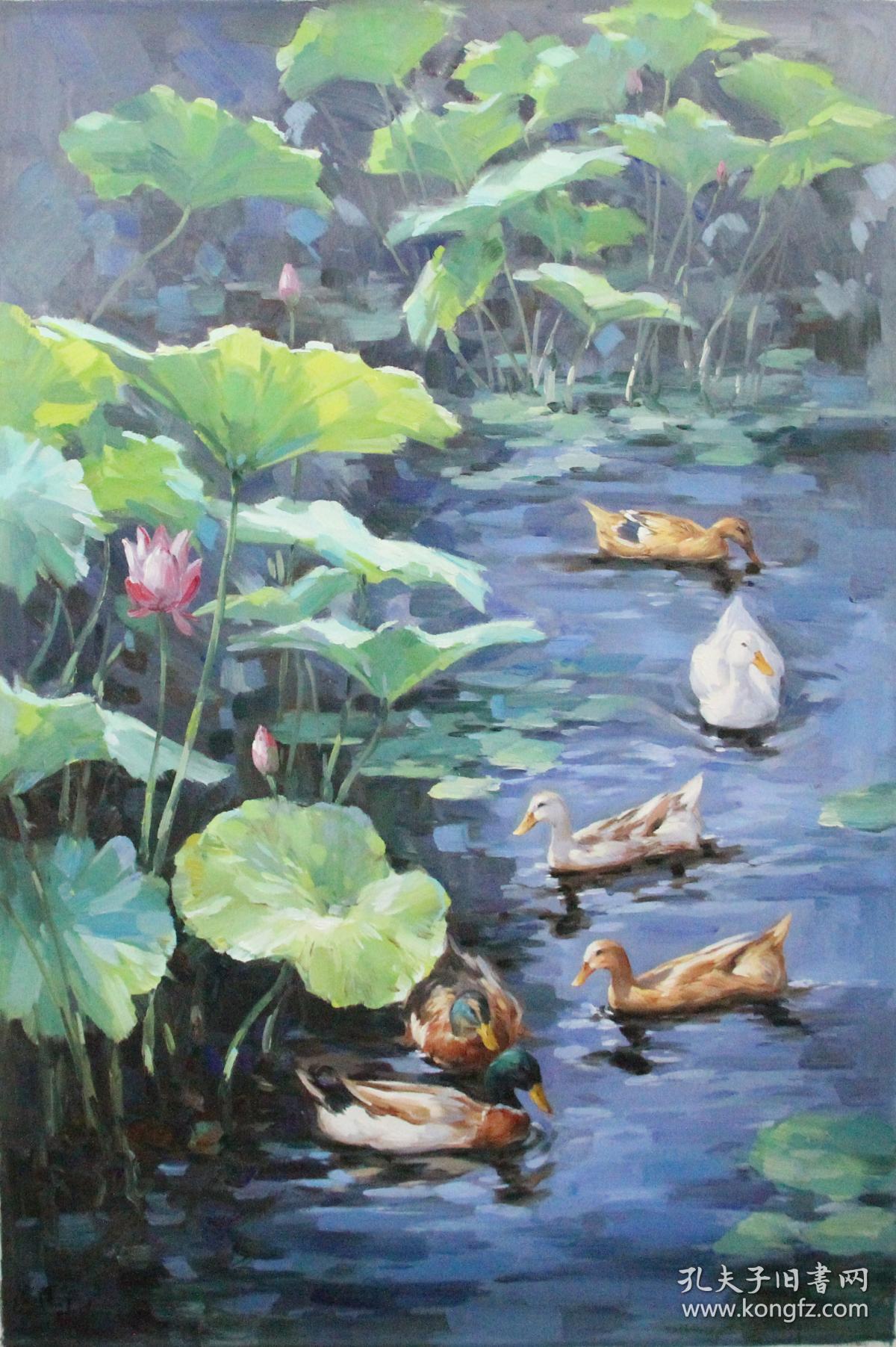 著名画家冯建华油画作品荷塘鸭趣之三