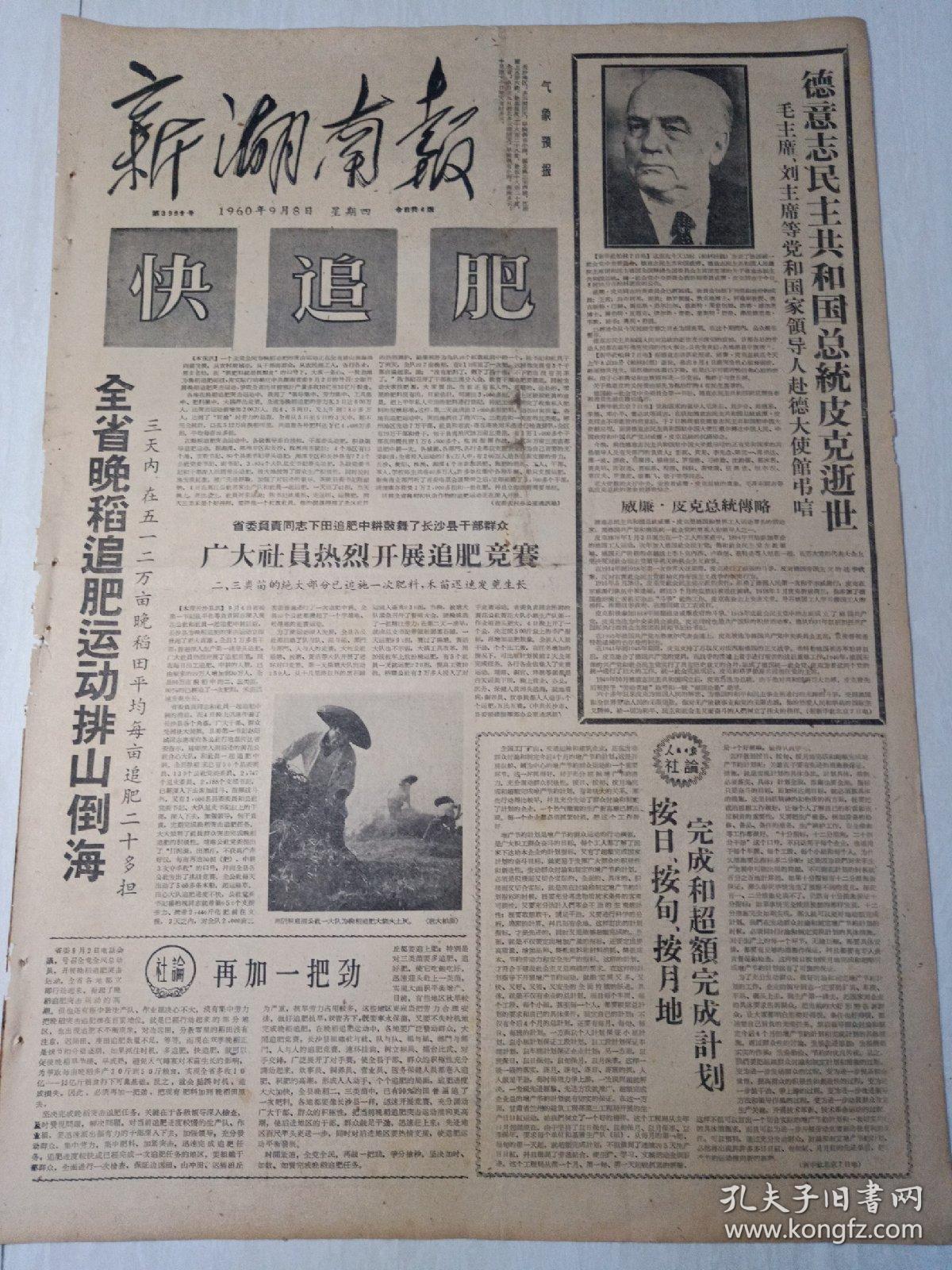 老报纸《新湖南报》1960年9月8日(4开四版)全省晚稻追肥运动排山倒海