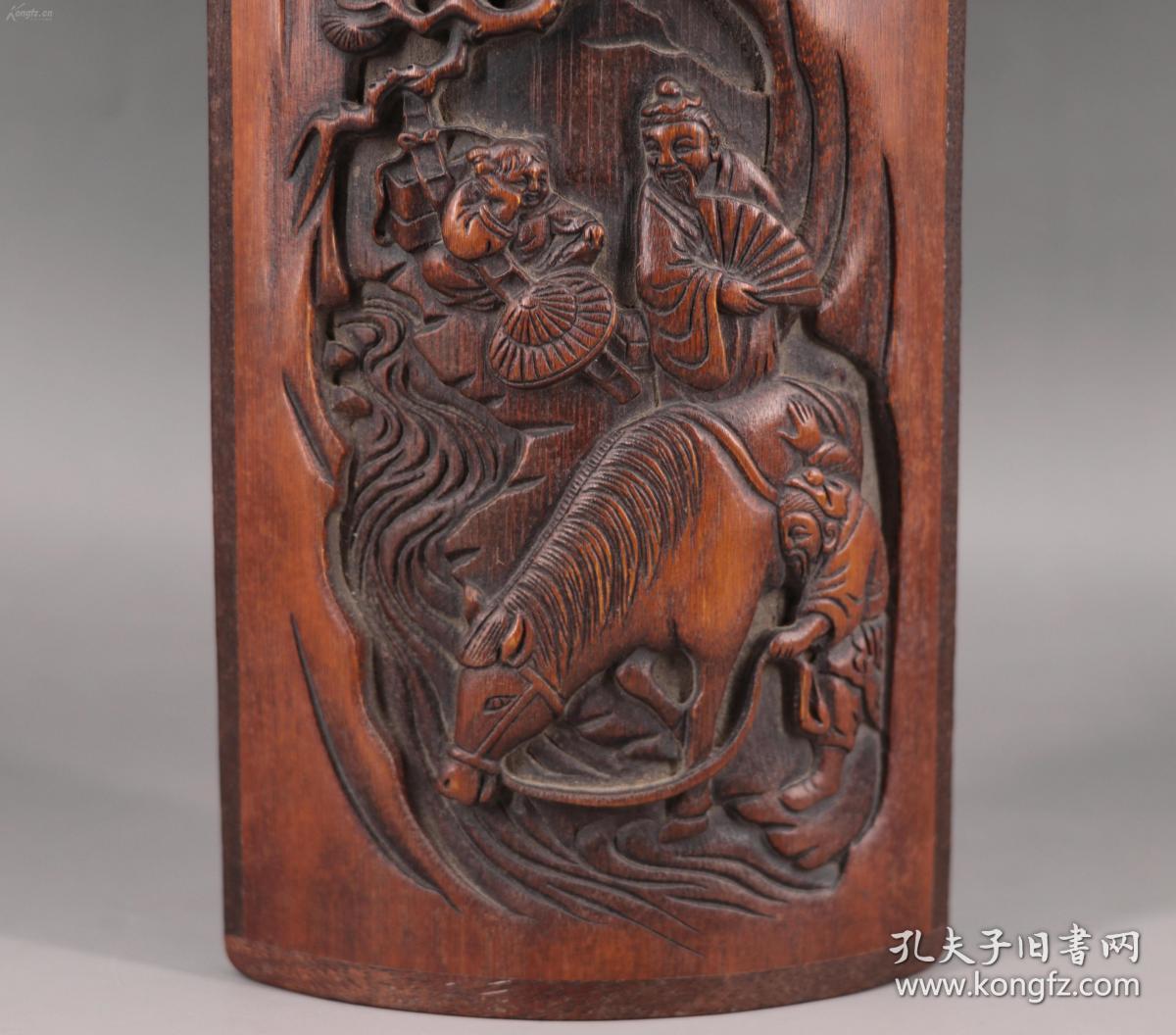 臂阁古竹雕饮马图 三松款识 纯手工雕刻 镶嵌原包浆红木 (尺寸全长27.