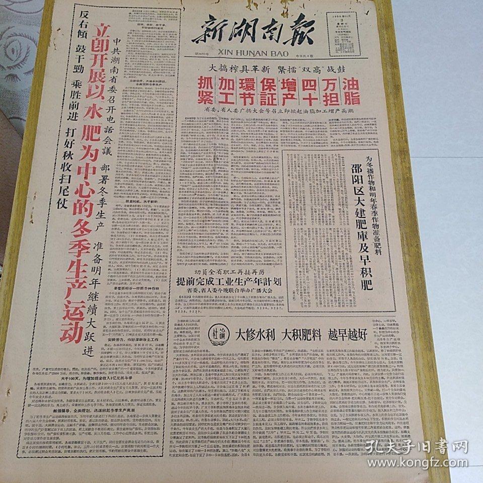 老报纸新湖南报1959年11月3日(4开四版)立即开展以水肥为中心的冬季