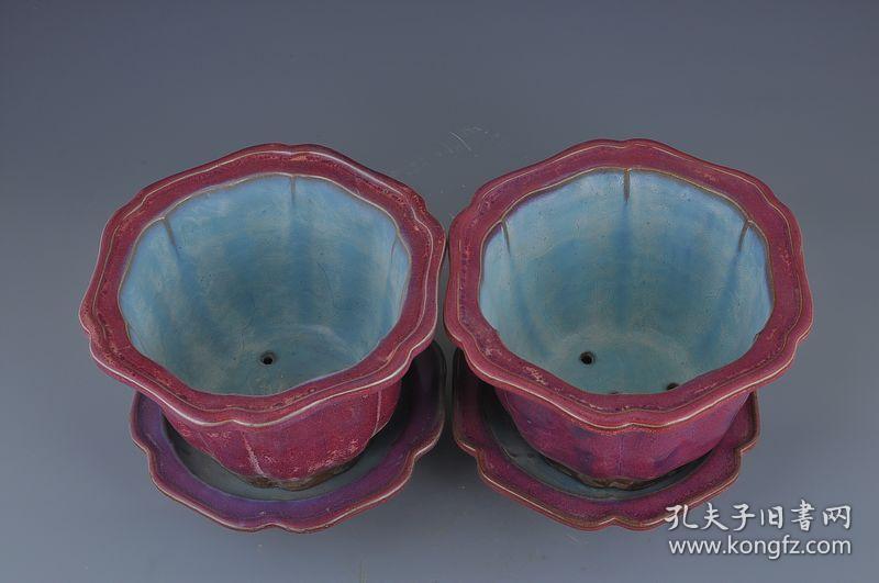 宋代钧窑里蓝外红玫瑰紫六方花盆25x25厘米