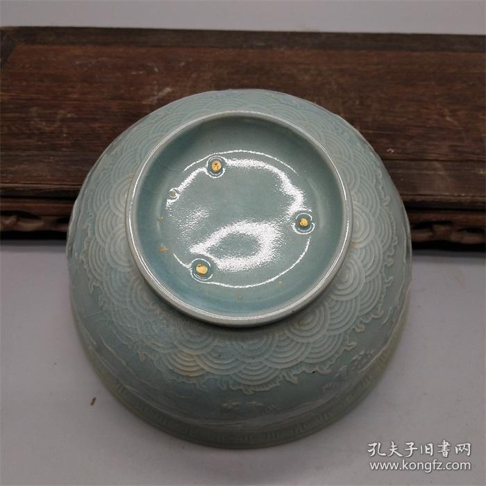 宋汝窑粉青釉浮雕龙纹纹小碗古董古玩手工仿古瓷摆件老货旧货收藏
