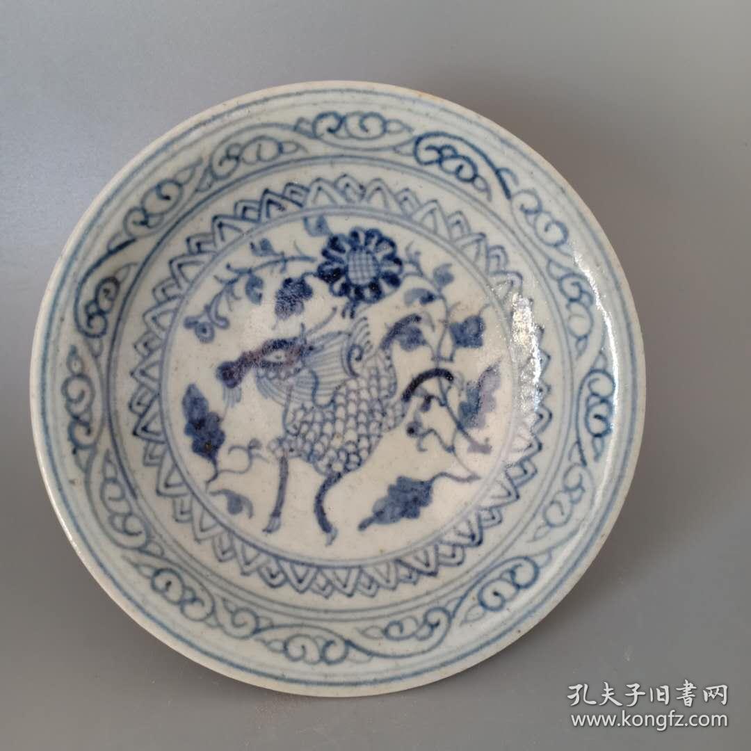 明代青花手绘麒麟纹高足碗果盘做旧仿古瓷器古玩古董收藏摆件