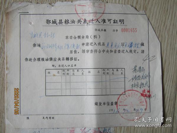 1976年湖北省鄂城县粮油关系迁入准可证明