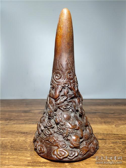 珍藏清代老牛角雕刻八仙人物角尖摆件3yw 高19.5x9.5cm