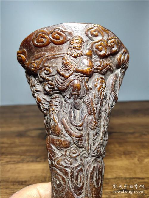 珍藏清代老牛角雕刻八仙人物角尖摆件3yw 高19.5x9.5cm