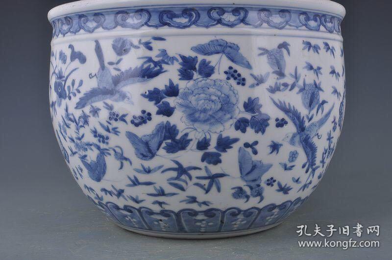 清康熙青花花鸟纹卷缸 古玩古董古瓷器