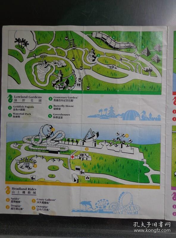 手绘海洋公园入口处,绿野公园,山上机动城,急流天地,儿童王国,雀鸟