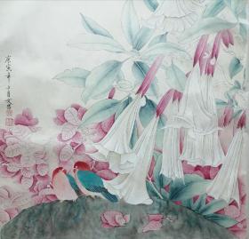 张文昌《鹦鹉曼陀罗花》66 x 66厘米