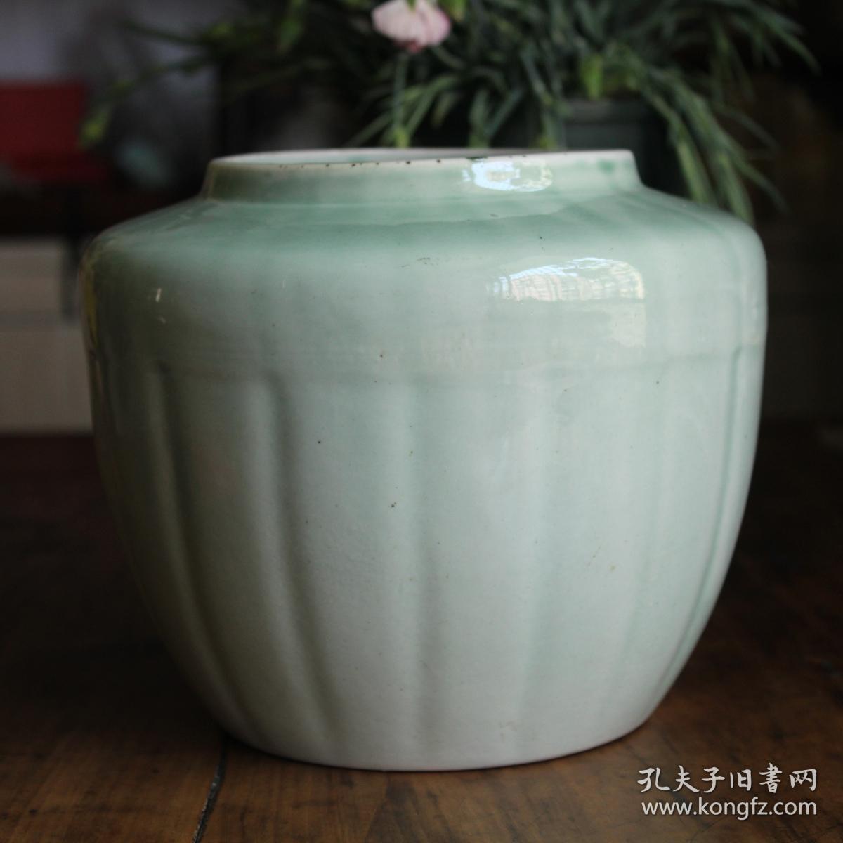 包真文革瓜棱青瓷罐 全品567老瓷器单色釉 建国瓷景德镇青釉老瓷器包