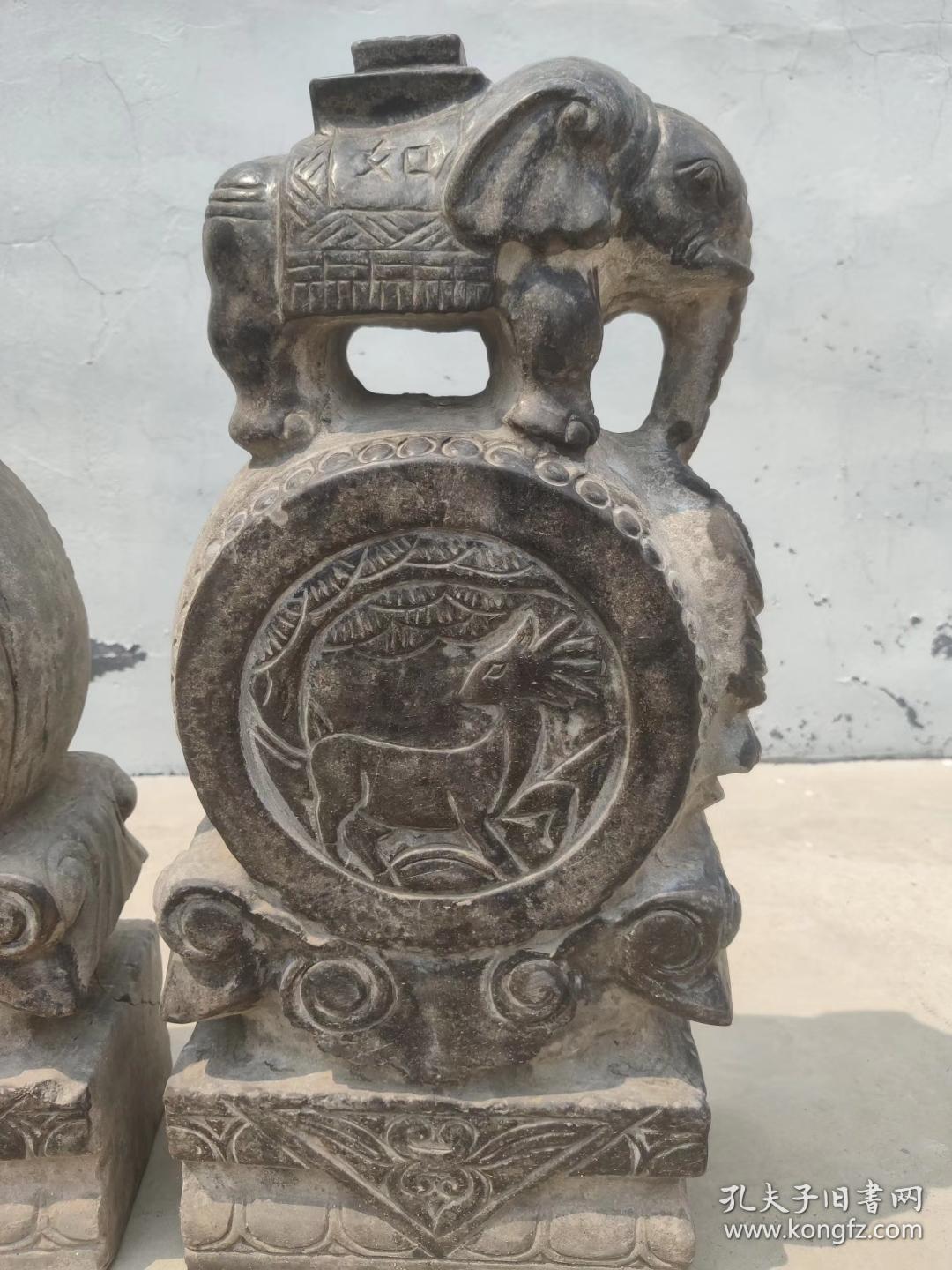 青石 石鼓 门墩石鼓上面站立吉象(吉祥) 寓意好手工雕刻 自然风化