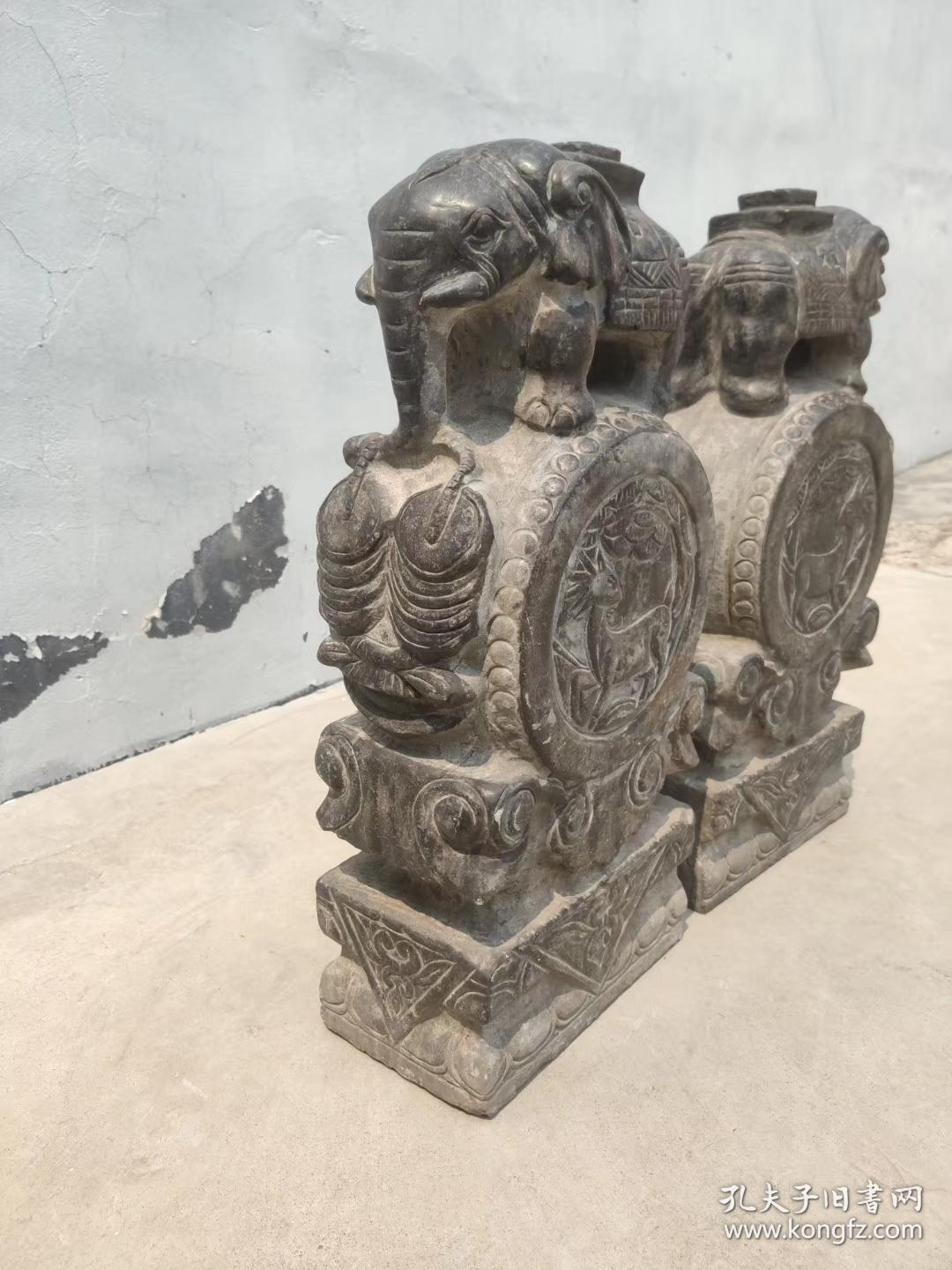 青石 石鼓 门墩石鼓上面站立吉象(吉祥) 寓意好手工雕刻 自然风化