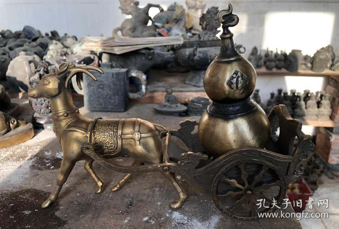 铜工艺品鹿拉车摆件招财摆设 功能:招财 适用场景:日常送礼 材质:黄铜