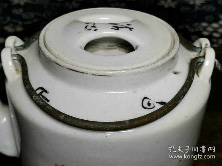 民国传世瓷器老茶具花卉含英题款贴花直桶提梁茶壶