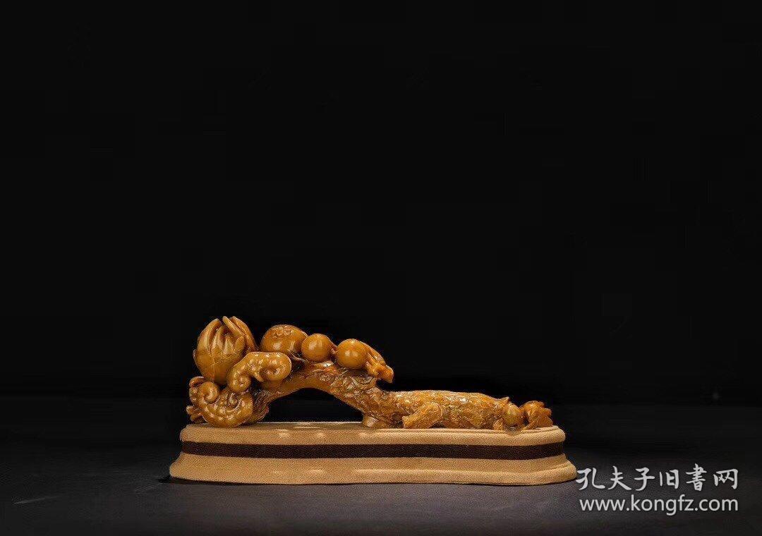 旧藏 晚清寿山田黄石雕"福寿三多"如意摆件.