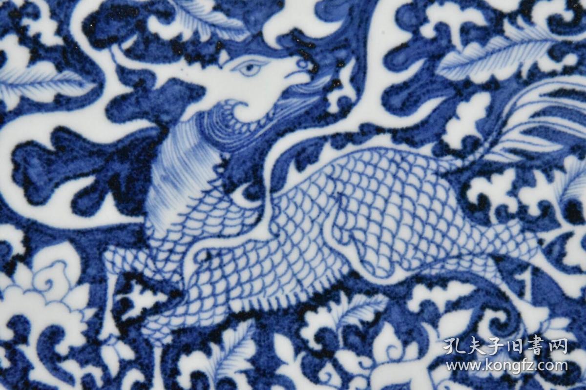 元代青花留白雕刻缠枝牡丹凤纹麒麟盘【7x45.8cm】