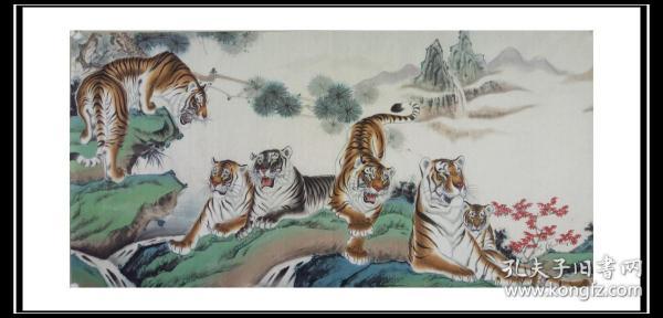 著名画家郑强国画工笔百虎图【20米长卷百虎图之四 】