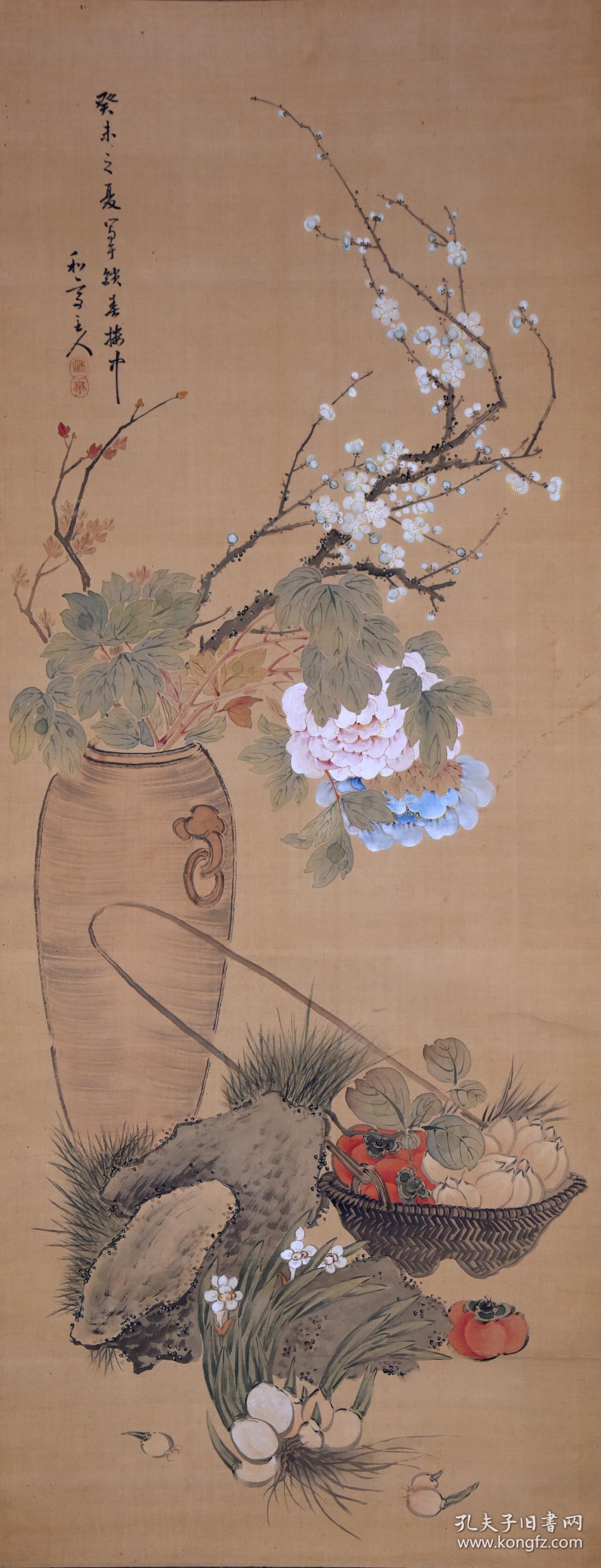 日本名家绘画,泷和亭《富贵平安图》,明治时代帝室技艺员.