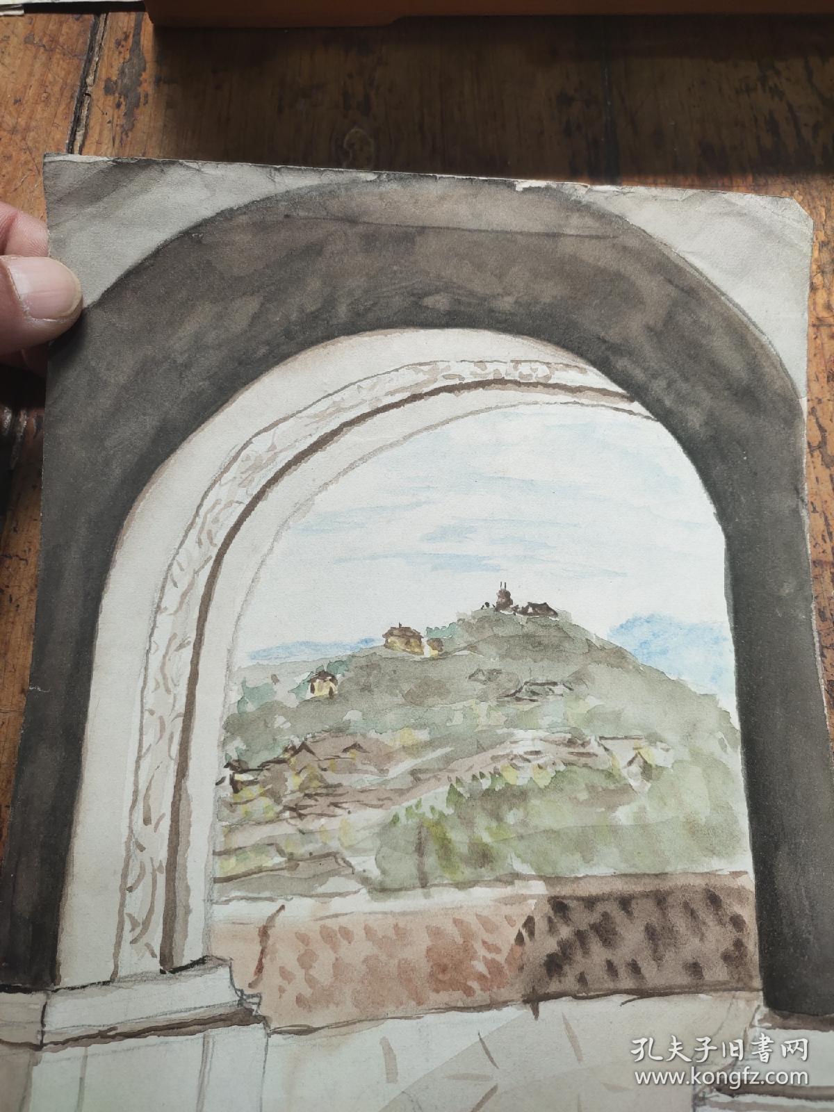 55年水彩画——远眺南京紫金山天文台——启鹏款——4