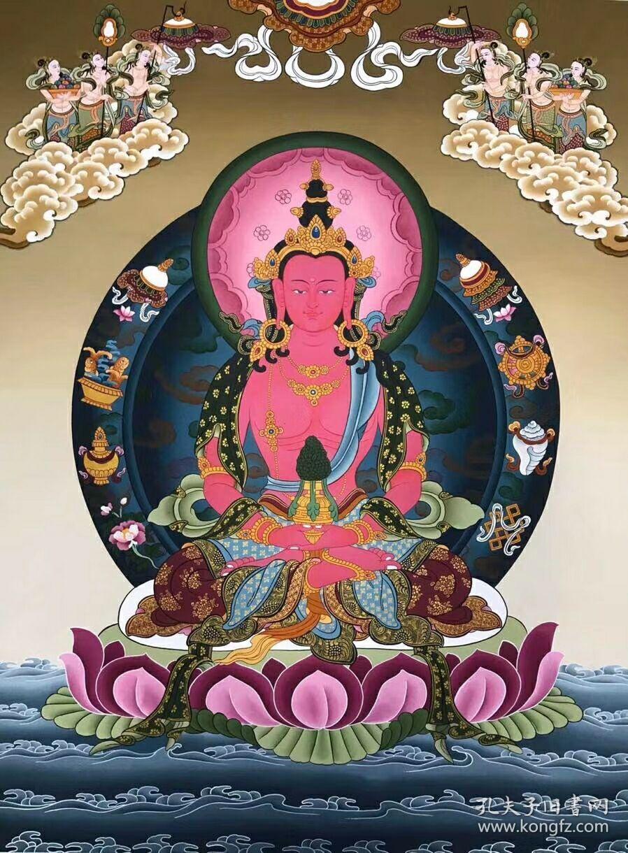 长寿佛精品彩唐尼泊尔唐卡大师作品矿物颜料纯金手绘有大师签名落款
