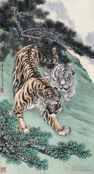 胡爽庵双虎图精品真迹名人字画