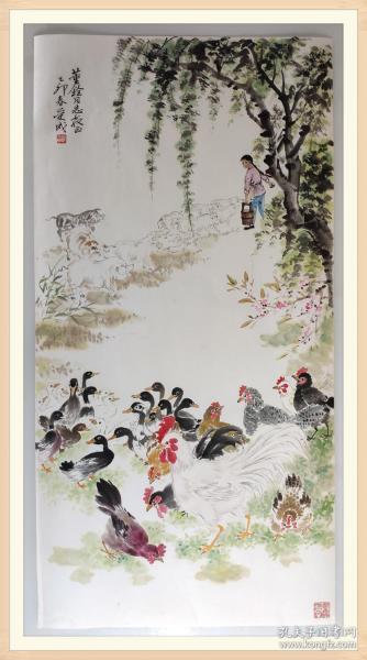 海派画家邱受成花鸟鸡鸭喂食图真迹