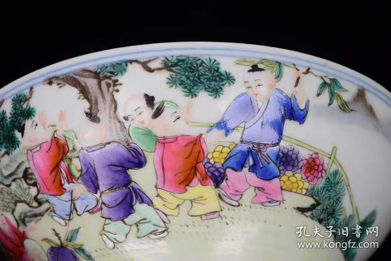 清雍正官窑粉彩婴戏图纹外销回流火漆印折腰碗,古玩古董老货