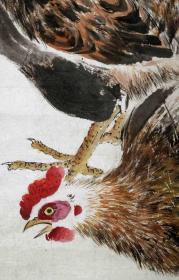 民国时期京津画派花鸟画名家颜伯龙1946年绘花鸟画五鸡图双色锦绫旧裱
