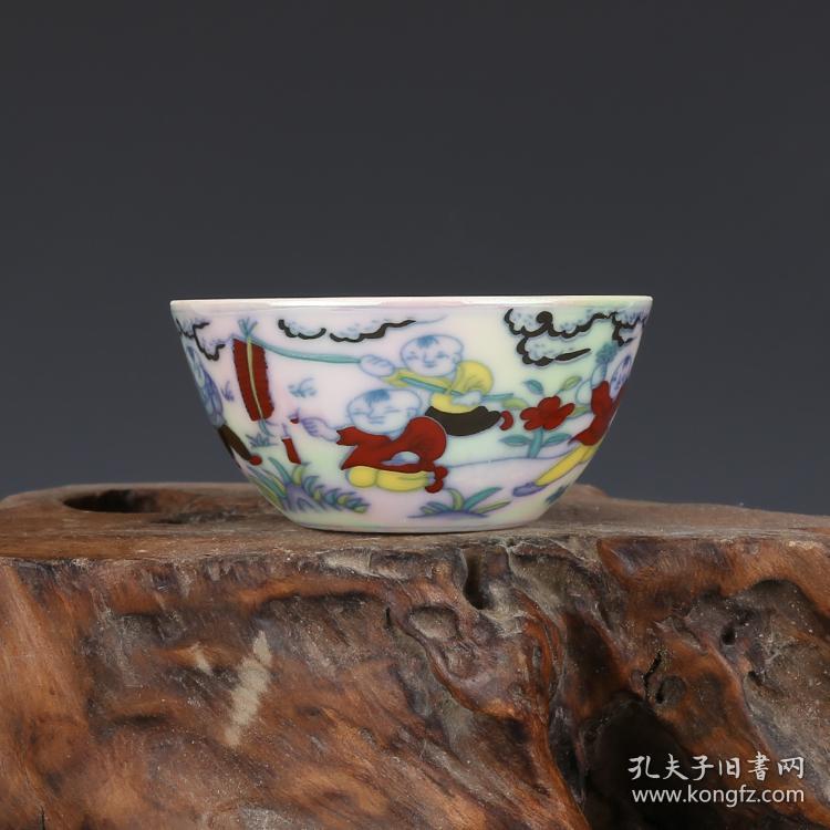 大明成化七彩光斗彩婴戏杯仿古瓷器古董真品古玩收藏不议价不包邮