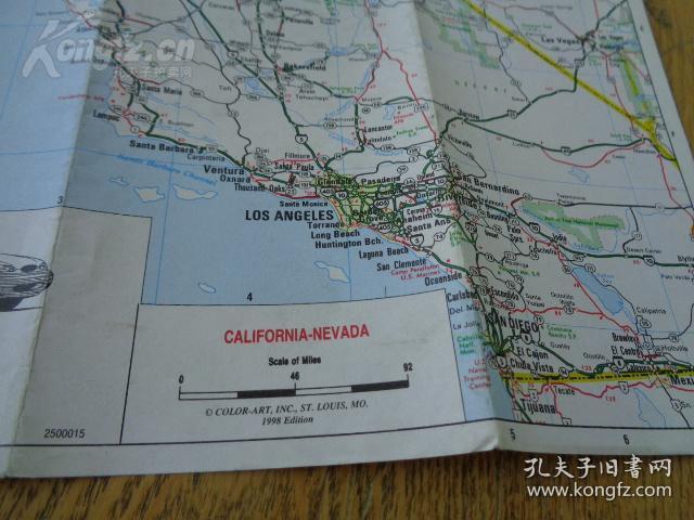 美国加利福尼亚-内华达州地图 1998年 8开独版单面 英文版 地名索引表
