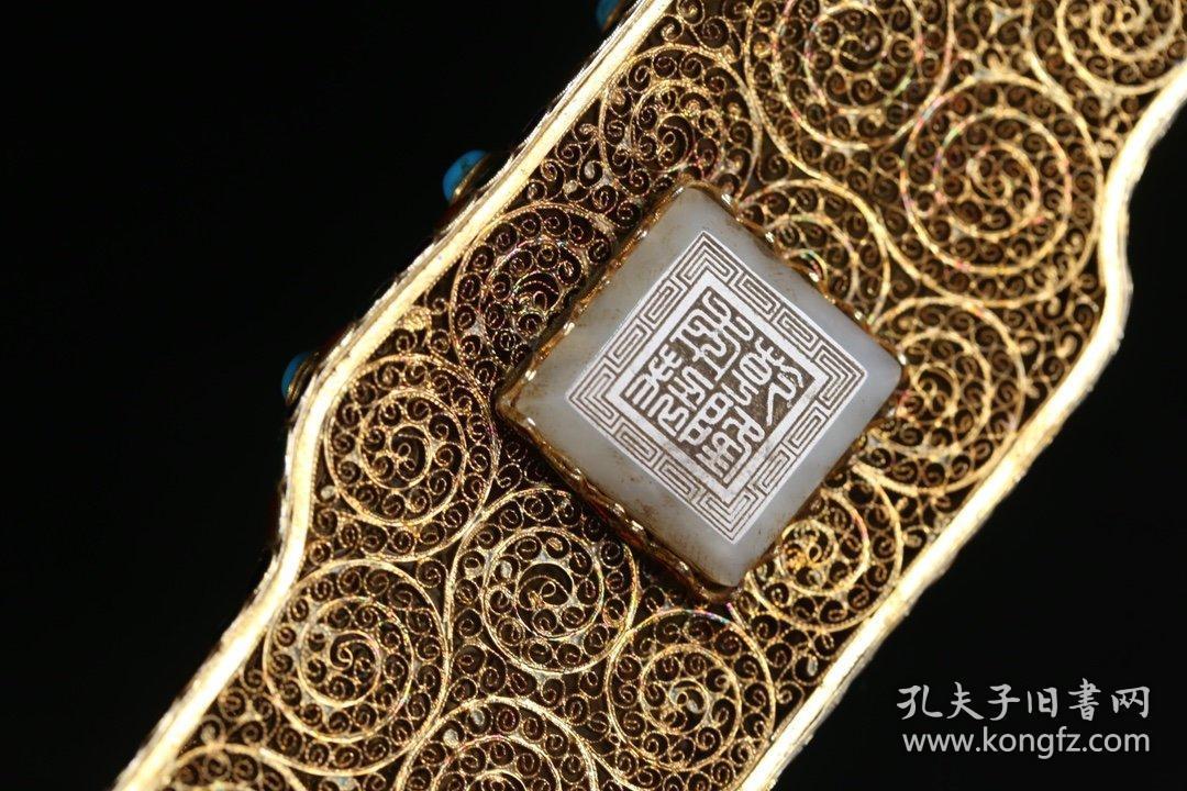 清代 银鎏金花丝镶嵌和田玉"一路连科"如意摆件一对