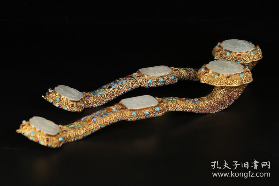 清代银鎏金花丝镶嵌和田玉一路连科如意摆件一对